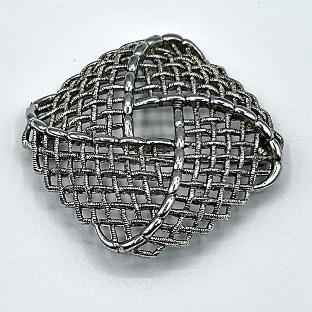 Vintage Monet Brooch Silver Tone Woven Mesh Lattice Basketweave Pin 2.25"